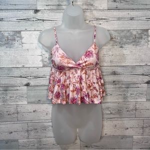SO Tiered Boho Pink Floral Top Adjustable Sleeves Size XS